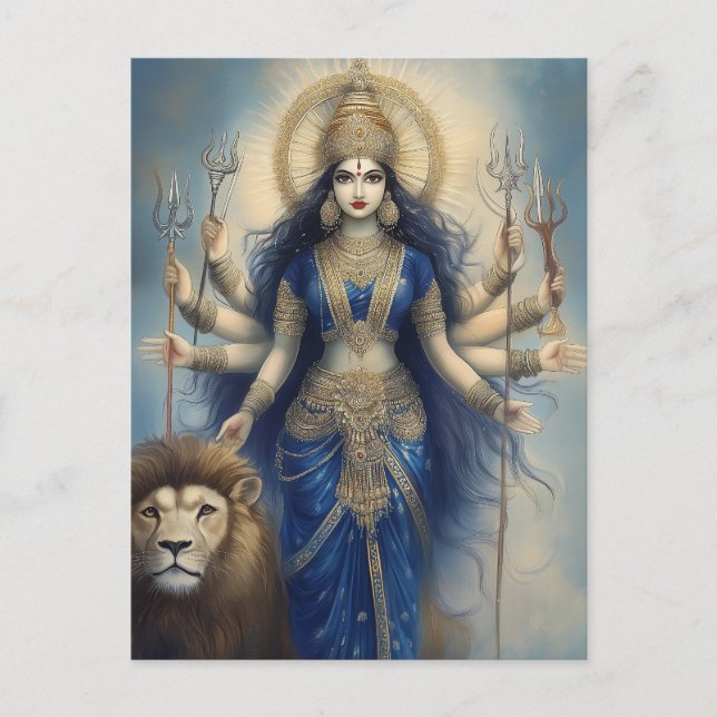 Postal Retrato divino hindú de la diosa Durga con león (Anverso)