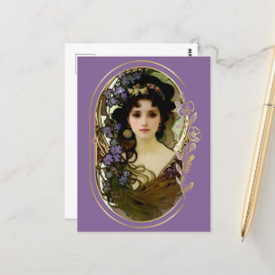 Postal Retrato elegante al estilo mucha de una bella muje