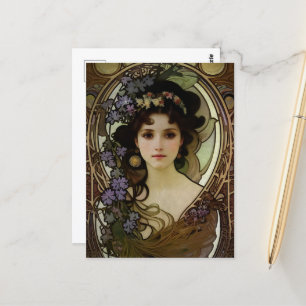 Postal Retrato elegante al estilo mucha de una bella muje