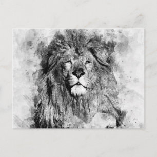 Postal Retrato en Acuarela Negro y Blanco de León Macho