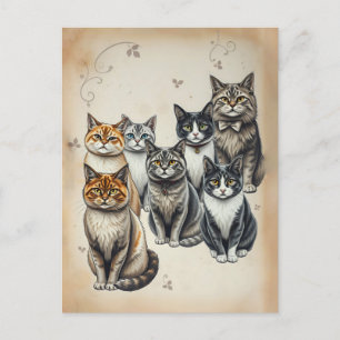 Postal Retrato familiar de gato de inspiración vintage
