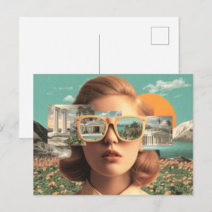 Postal Retrato femenino surrealista con gafas de sol retr