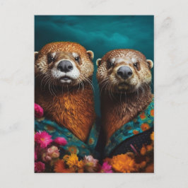 Postal Retrato floral Cute Otters
