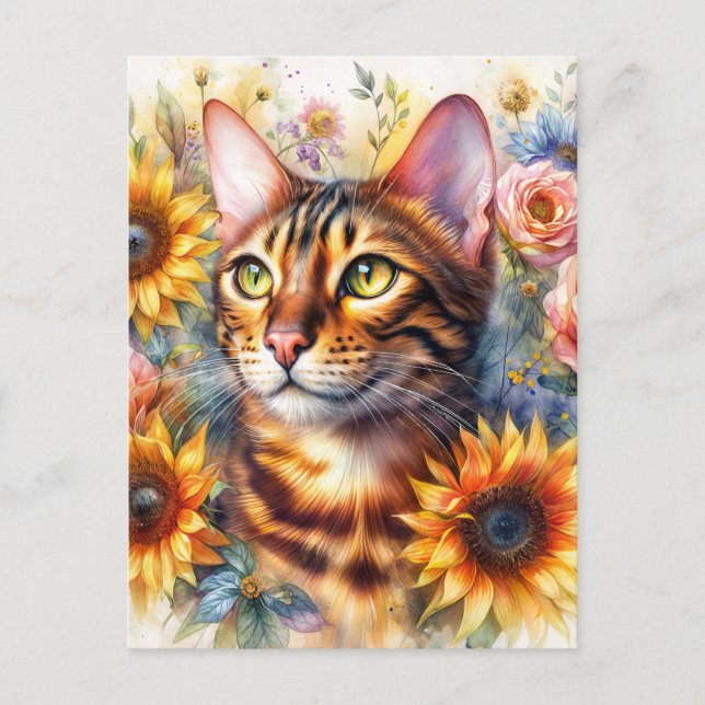 Postal Retrato floral de gato Bengalí en arte (Anverso)