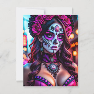 Postal Retrato glamoroso Día de los Muertos Catrina con