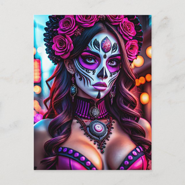 Postal Retrato glamoroso Día de los Muertos Catrina con (Anverso)