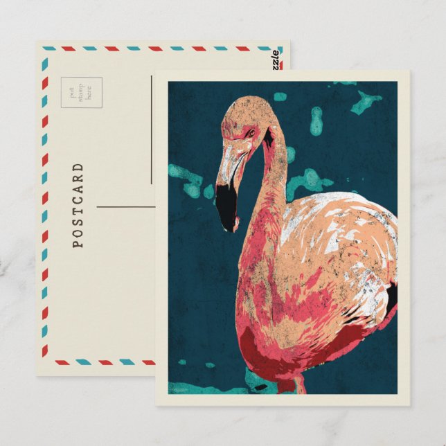 Postal Retrato moderno de un ilustracion flamingo rosa (Anverso / Reverso)