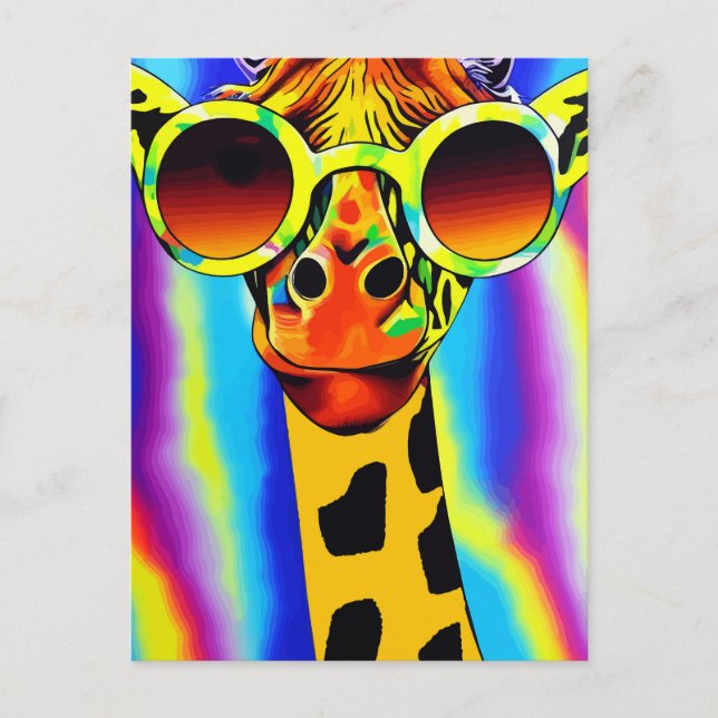 Postal Retrato pop colorido de una jirafa arrogante (Anverso)