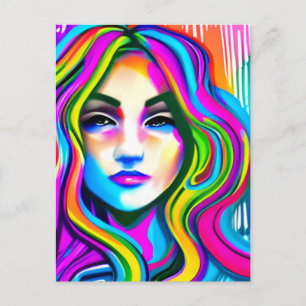 Postal Retrato retro de una mujer con cabello arcoíris