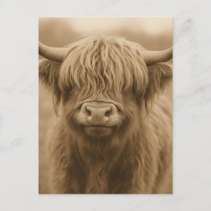 Postal Retrato Sepia de Vaca de las Tierras Altas