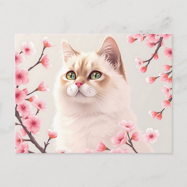 Postal Retrato Serene Birman Cat Con Flores De Cerezo (Anverso)