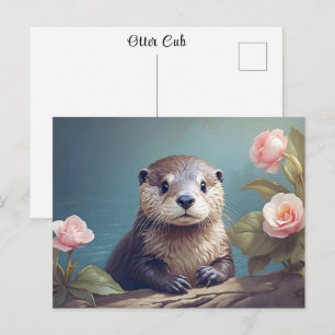 Postal Retrato Vintage de Cachorro de Nutria Rosa Lindo A