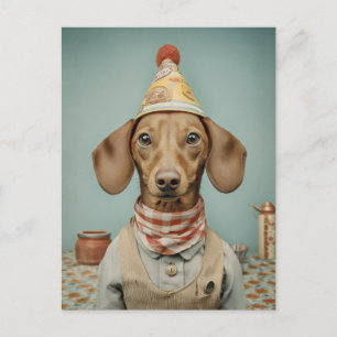 Postal Retrato vintage de Dachshund con sombrero de fiest