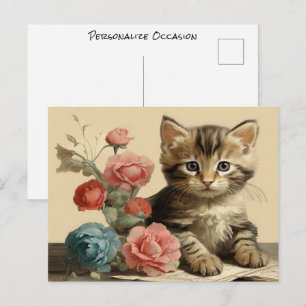 Postal Retrato Vintage de Gatito Adorable Flores de Color