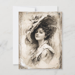 Postal Retrato vintage de una dama con un Gorra elegante