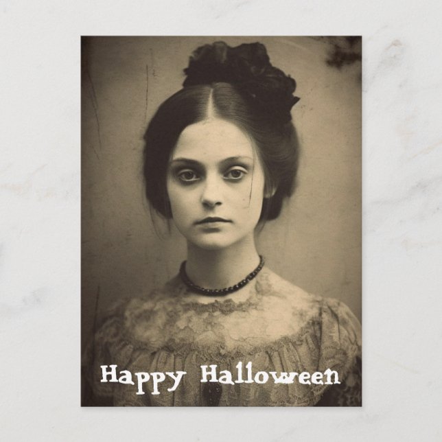 Postal Retrato vintage de una mujer feliz Halloween (Anverso)