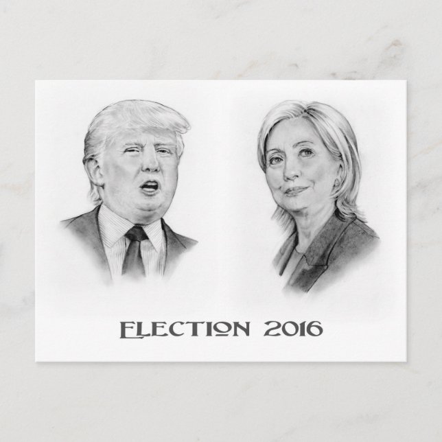 Postal Retratos a lápiz de Trump y Hillary, elecciones 20 (Anverso)