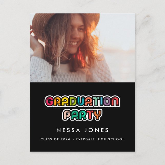 Postal Retro 80s colorful graduation party photo (Anverso)