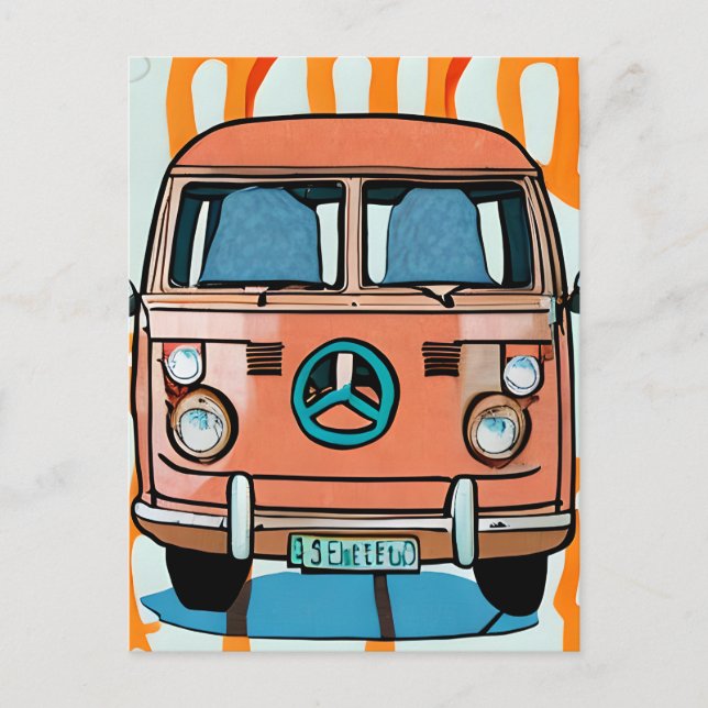 Postal Retro azul Hippie Van Vintage Art (Anverso)