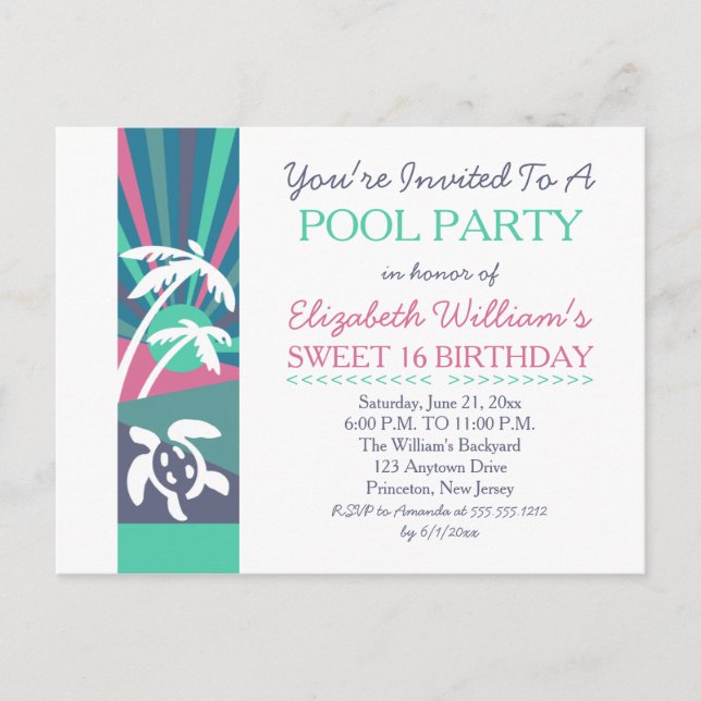 Postal Retro Beach Sunset Sweet 16 Birthday Pool Fiesta (Anverso)