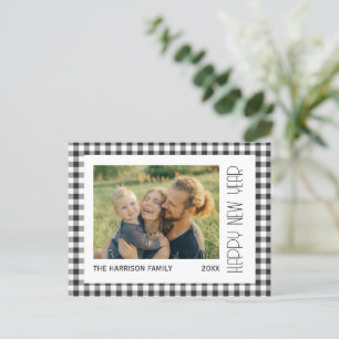 Postal Retro Black Gingham Plaid New Year Photo