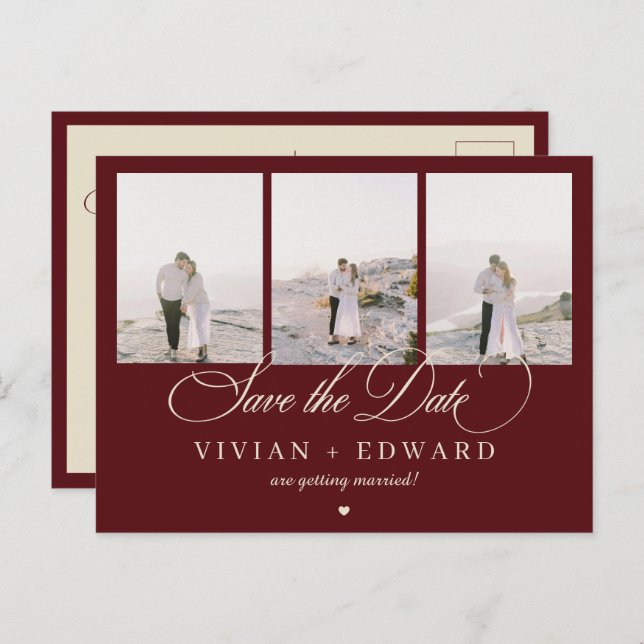 Postal Retro Burgundy Ivory 3 Photo Collage Save The Date (Anverso / Reverso)