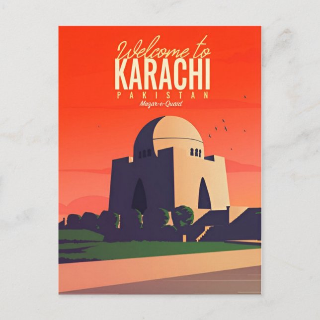 Postal Retro de la acuarela de viaje de Karachi Pakistán (Anverso)