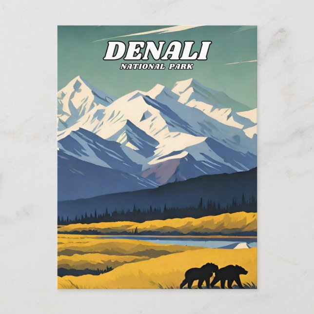 Postal Retro del ilustracion del Parque Nacional Denali (Anverso)