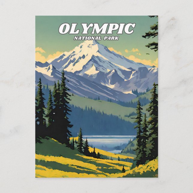 Postal Retro del ilustracion del Parque Nacional Olímpico (Anverso)