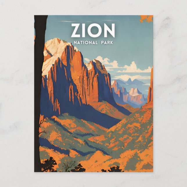 Postal Retro del ilustracion del Parque Nacional Zion (Anverso)