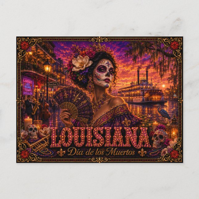 Postal Retro Día de los Muertos de Luisiana (Anverso)