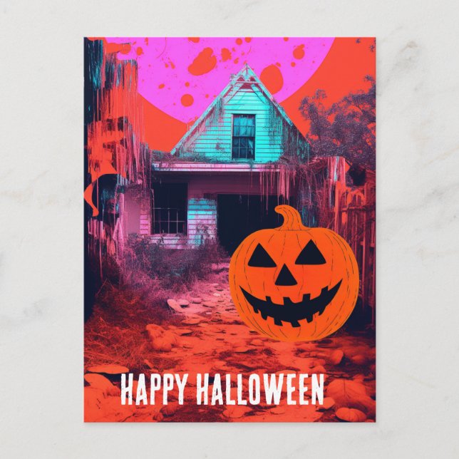 Postal Retro embrujado Halloween Casa Naranja Rosa Azul (Anverso)