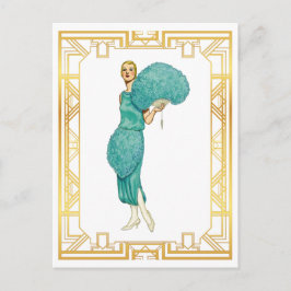 Postal Retro Flapper Verde azulada Feather Vintage Art