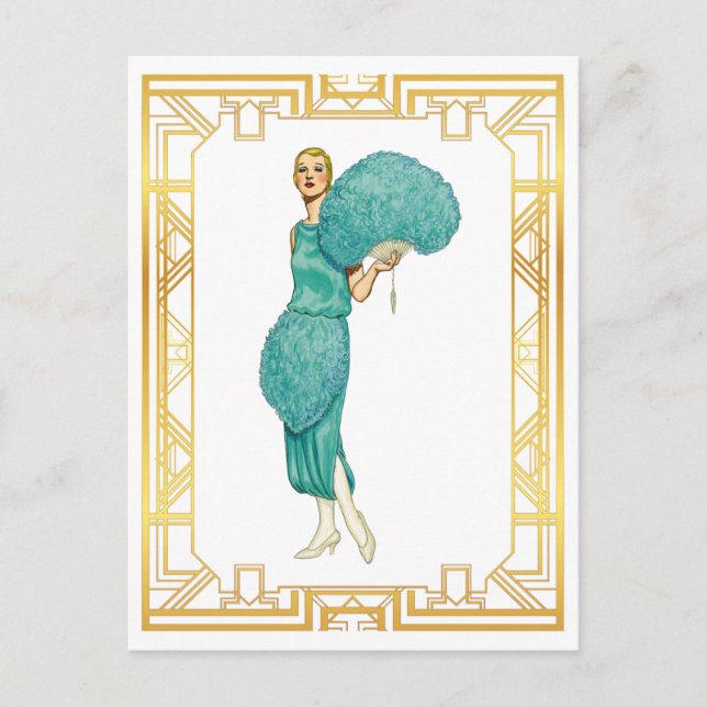 Postal Retro Flapper Verde azulada Feather Vintage Art (Anverso)