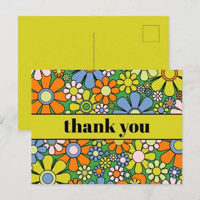 Postal Retro Floral Colorido Groovy Agradecido 60s 70s (Anverso / Reverso)