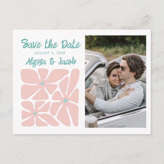 Postal Retro Floral Photo Wedding Save the Date (Anverso)