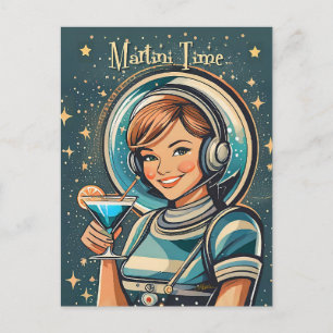 Postal Retro Futurista Chica Astro Tiempo de Martini