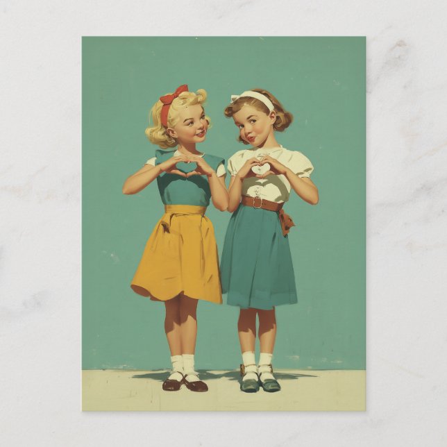 Postal Retro Girls Sharing Heartfelt Joy (Anverso)