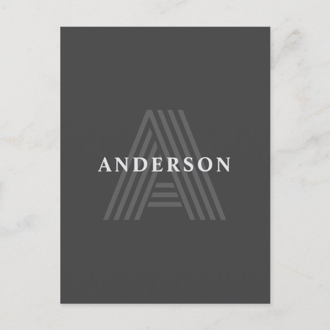 Postal Retro Gris oscuro Monogramo moderno Nombre (Anverso)