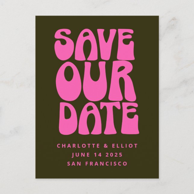 Postal Retro Groovy 70's Hot Pink y Green Save The Date (Anverso)
