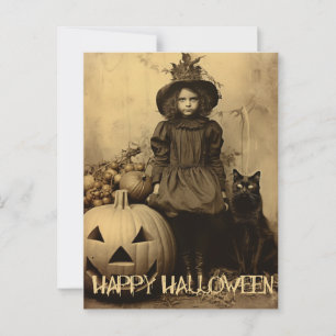 Postal Retro Halloween espeluznante chica con gato negro