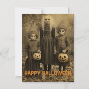 Postal Retro Halloween niños escalofriantes con calabazas