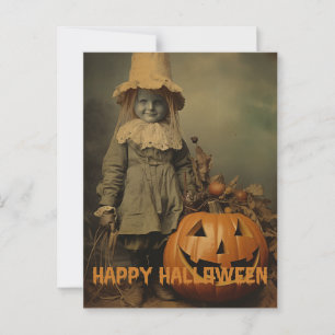 Postal Retro Halloween niños escalofriantes con calabazas