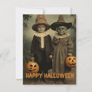 Postal Retro Halloween niños escalofriantes con calabazas