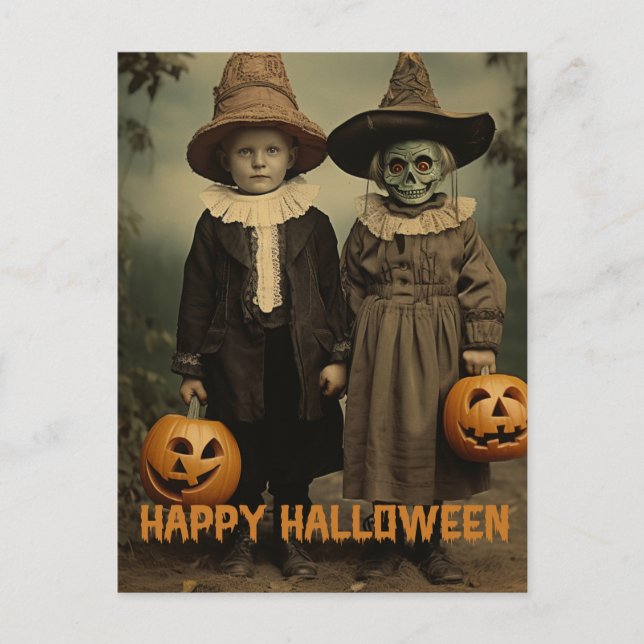 Postal Retro Halloween niños escalofriantes con calabazas (Anverso)