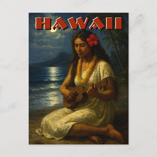 Postal Retro Hawaiian Girl & Ukulele At Moonlit Beach (Anverso)