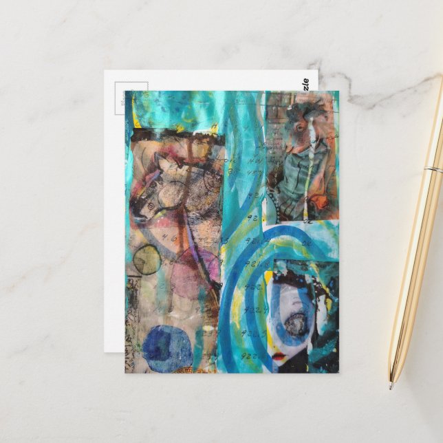 Postal Retro Horse, Donkey, and a Doll Unique Mixed Media (Anverso/Reverso In Situ)