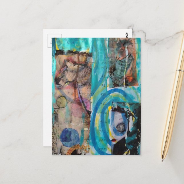 Postal Retro Horse, Donkey, and Doll Mixed Media Collage (Anverso/Reverso In Situ)