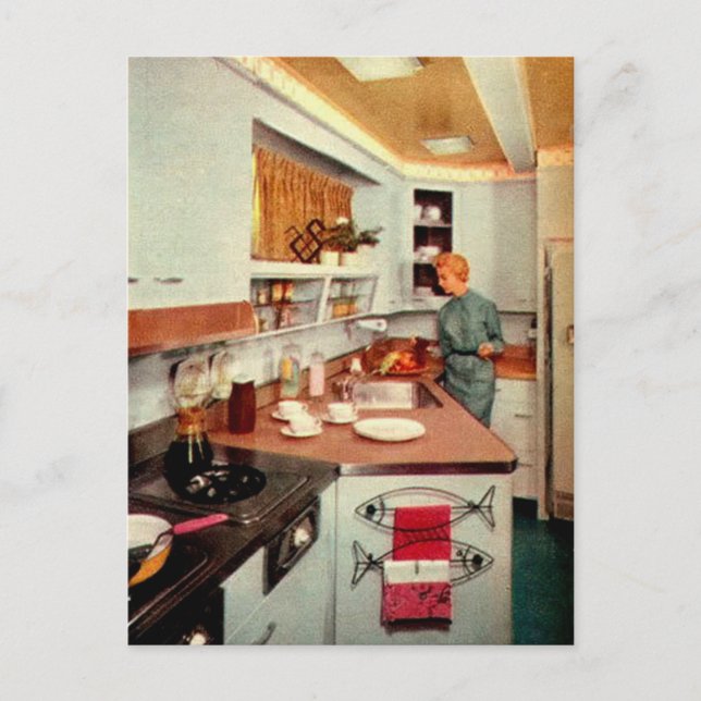 Postal Retro Housewife en cocina (Anverso)