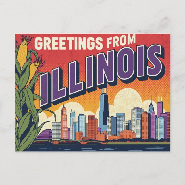 Postal Retro Illinois Chicago Skyline Corn Greetings (Anverso)